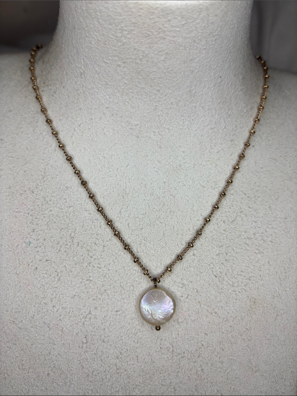 Gold Beaded Chain Necklace with Iridescent genuine pearl coin Pendant